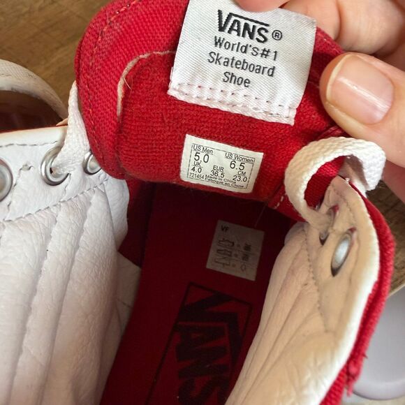 Vans Sk8-Hi Red Canvas High Top Sneakers Checkerboard Trim Men’s 5 / Women’s 6.5 - Picture 8 of 8